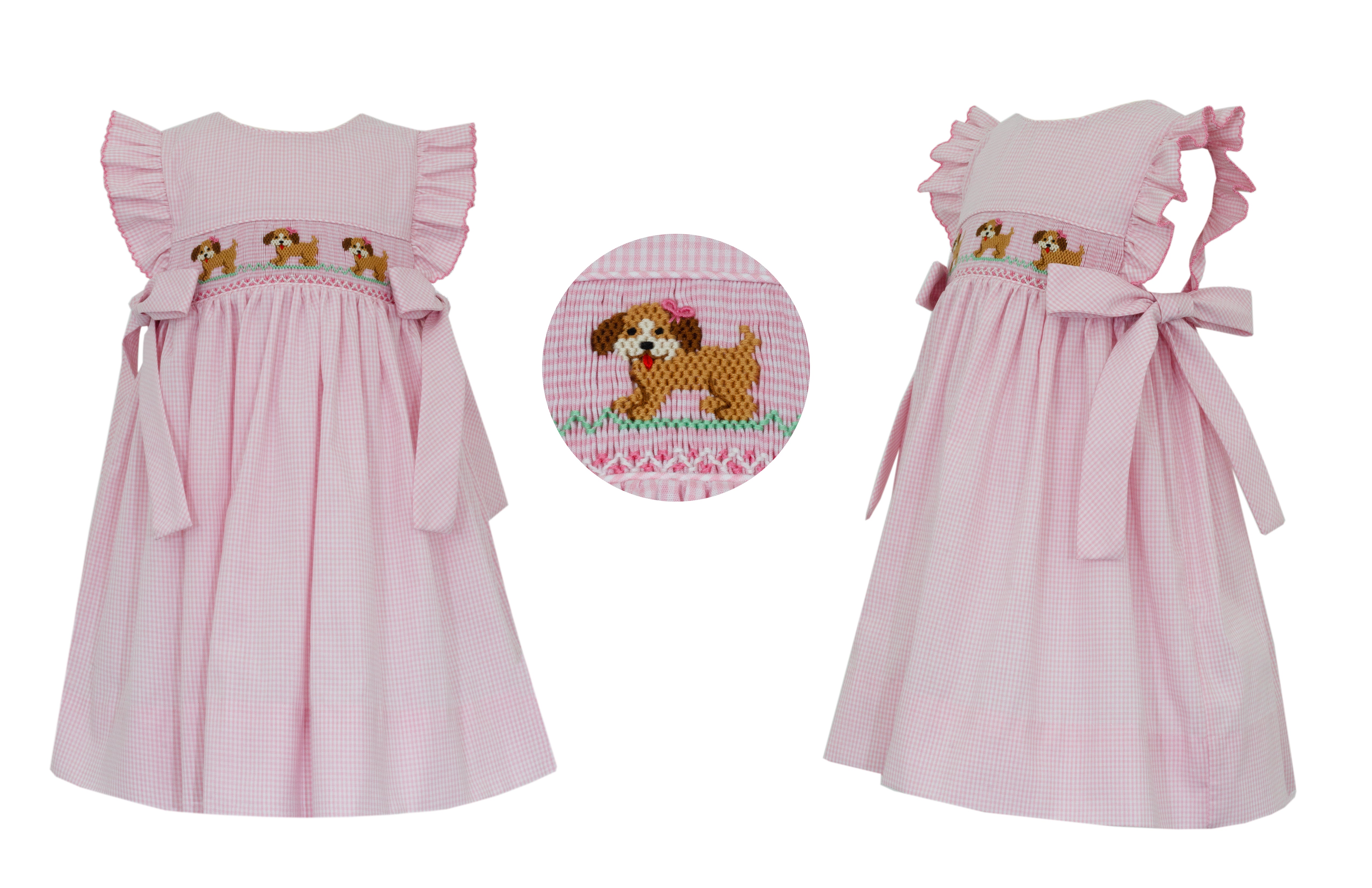 Pink Gingham Smocked Puppies Side Tie Dress