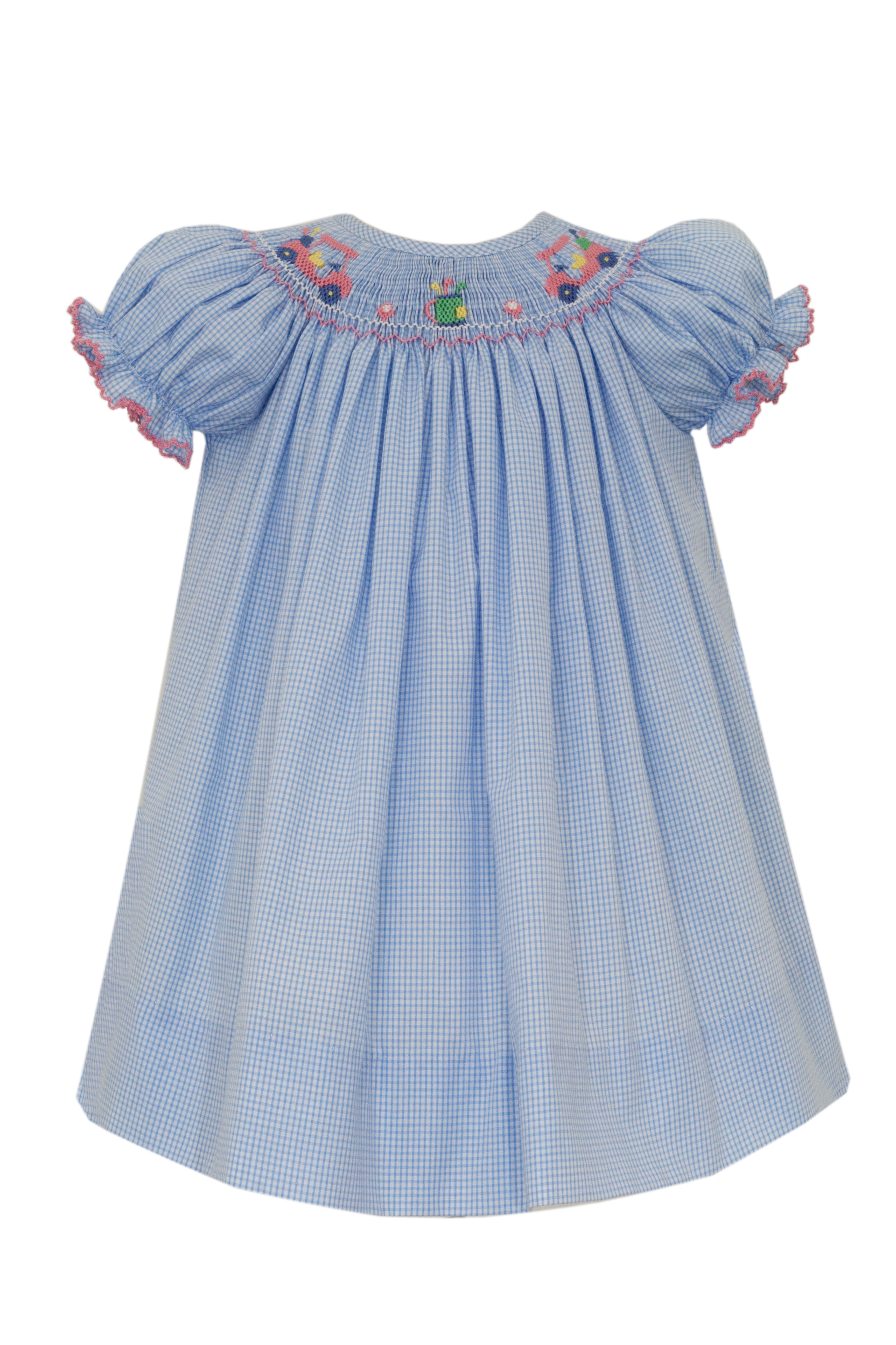 Blue Check Smocked Golf Cart Bishop Dress