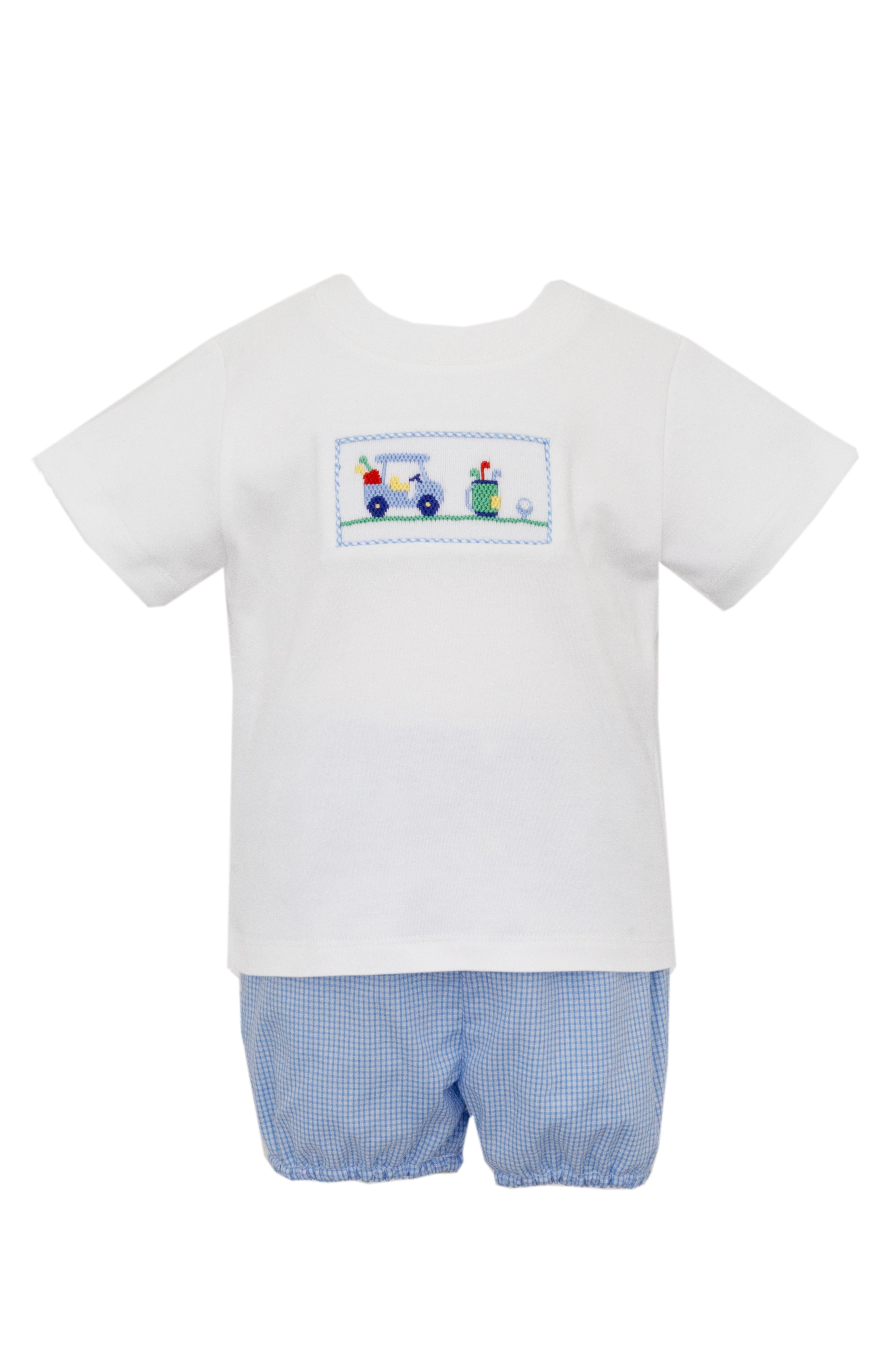 White Smocked Golf Tee & Blue Check Shorts