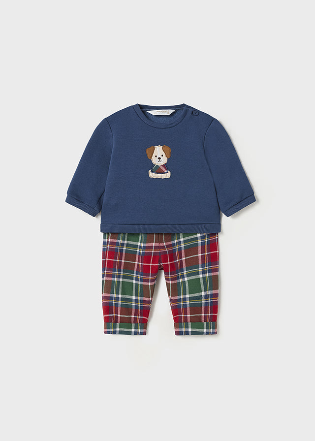 Plaid Trousers & Applique Dog Sweatshirt