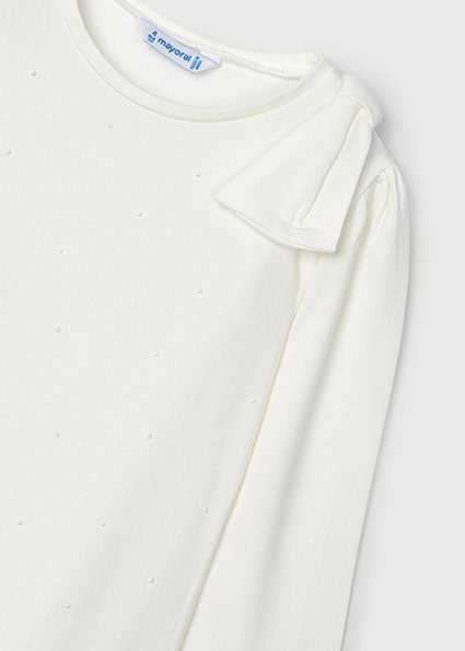 Ivory Bow Shoulder Detail LS Tee