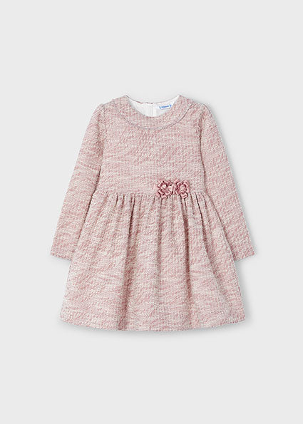 Rose Pink Tweed Flower Accent LS Dress