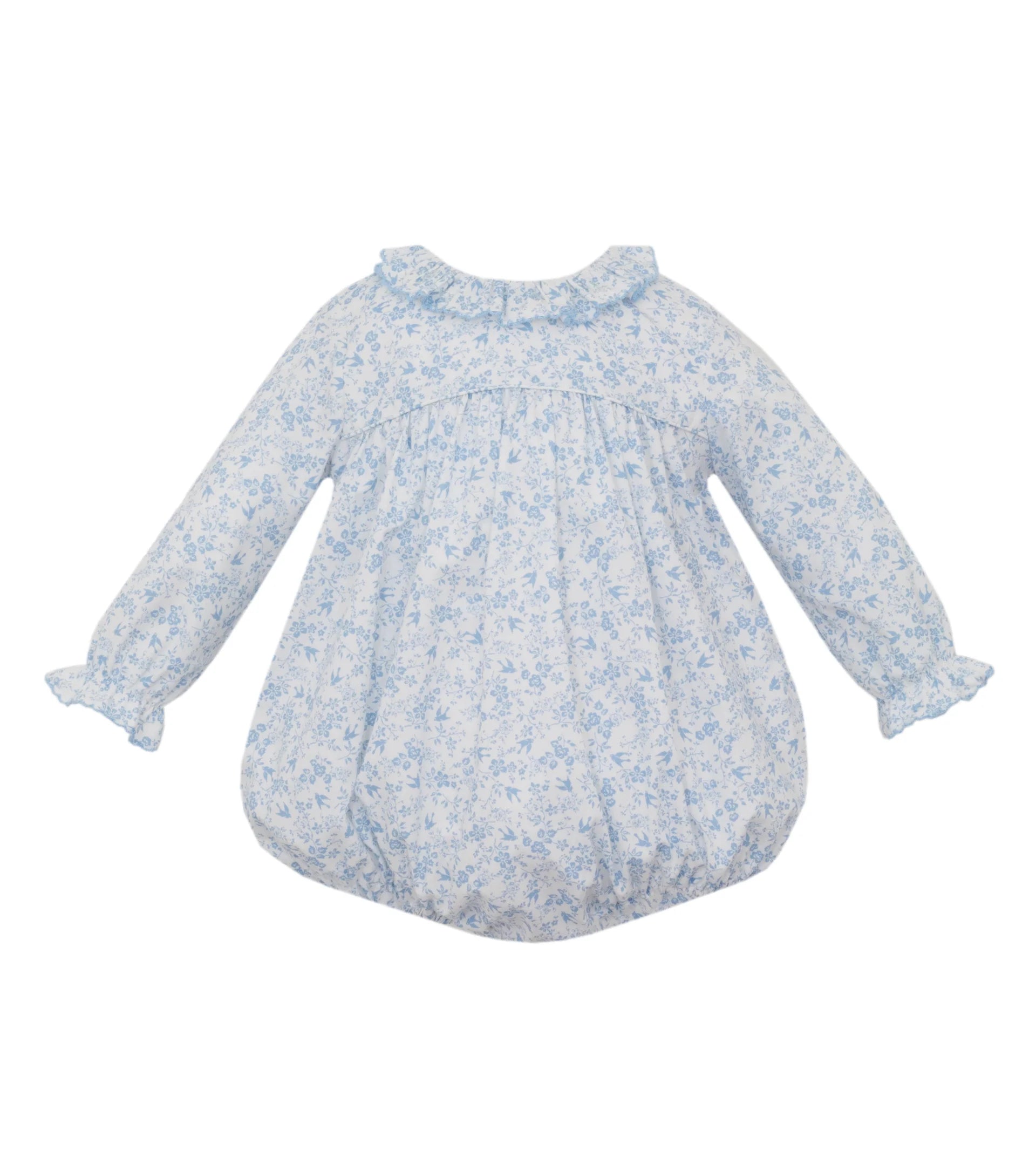 Light Blue Bird Print LS Ruffle Collar Bubble