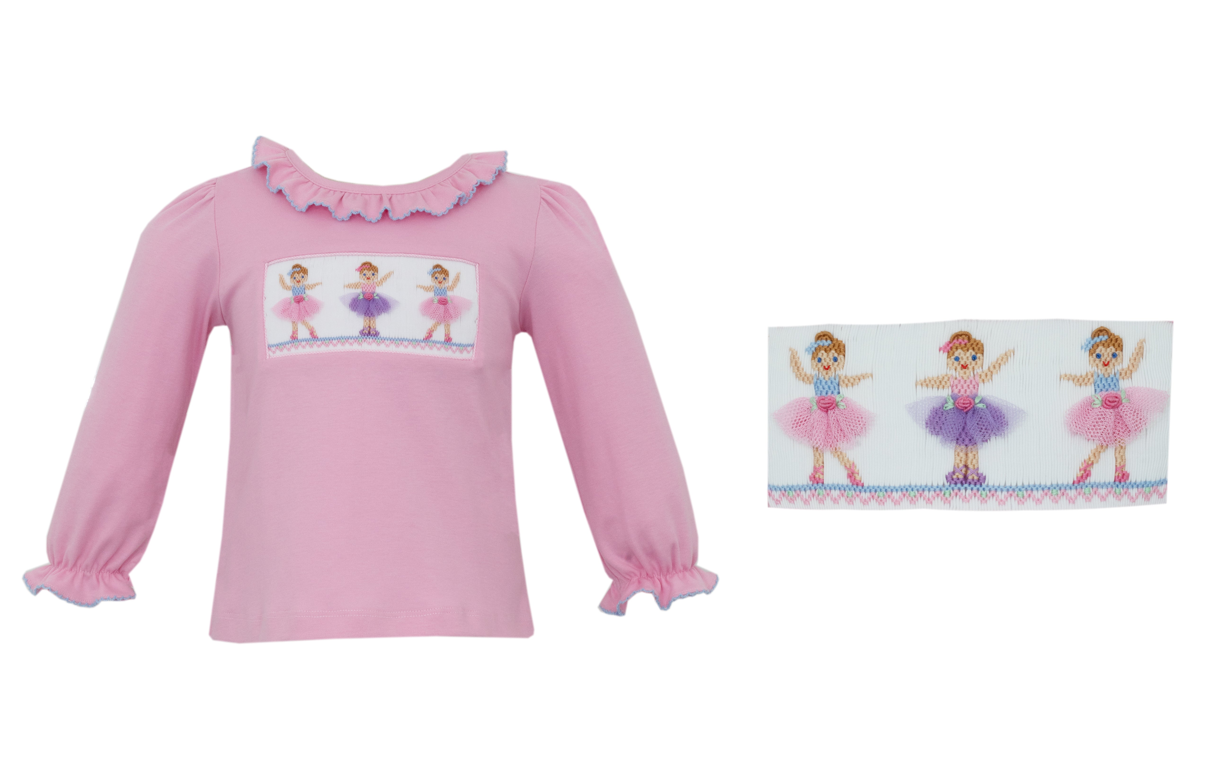 Pink Smocked Ballerinas LS Ruffle Shirt