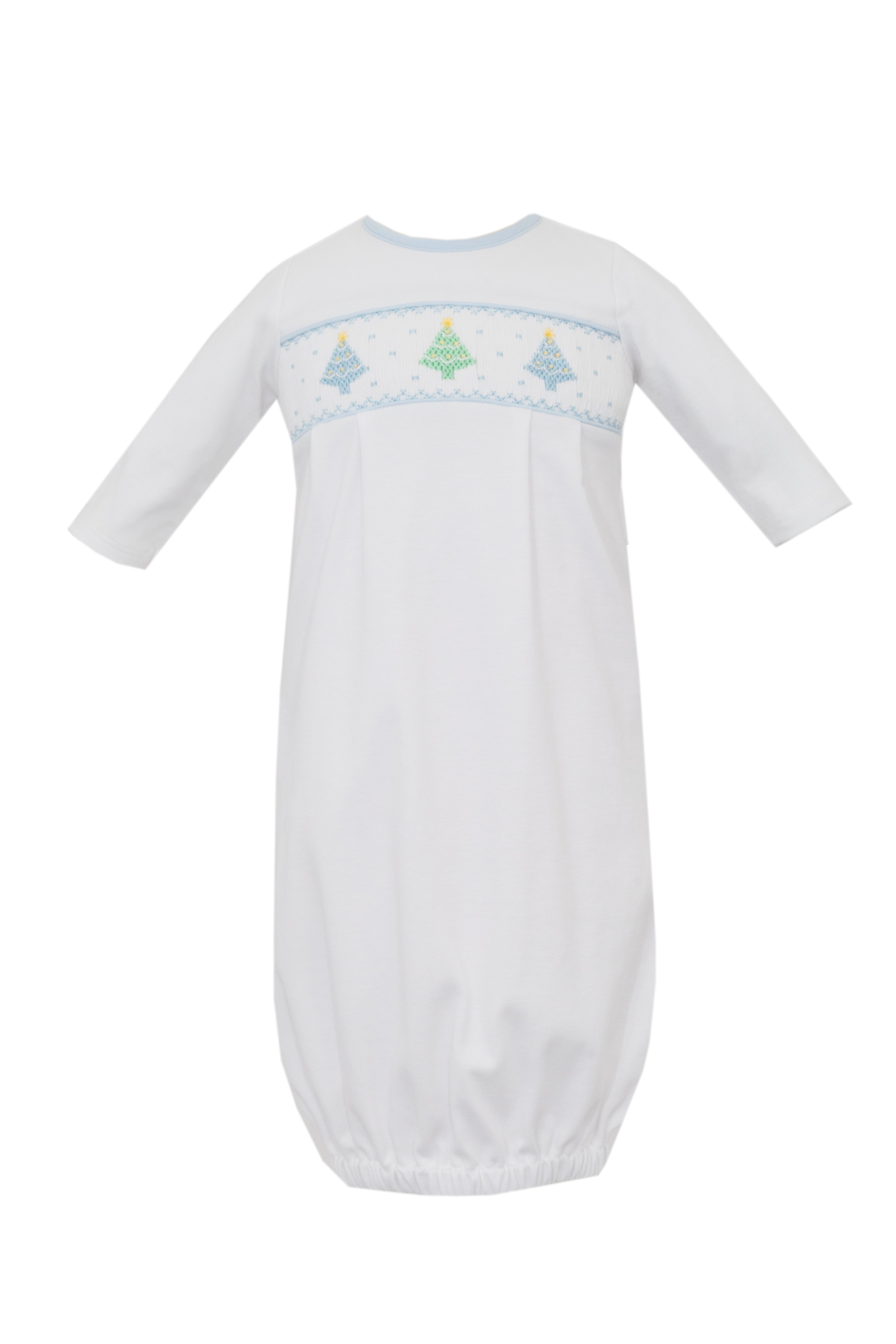 White Smocked Pastel Blue Christmas Tree Gown 0-3m