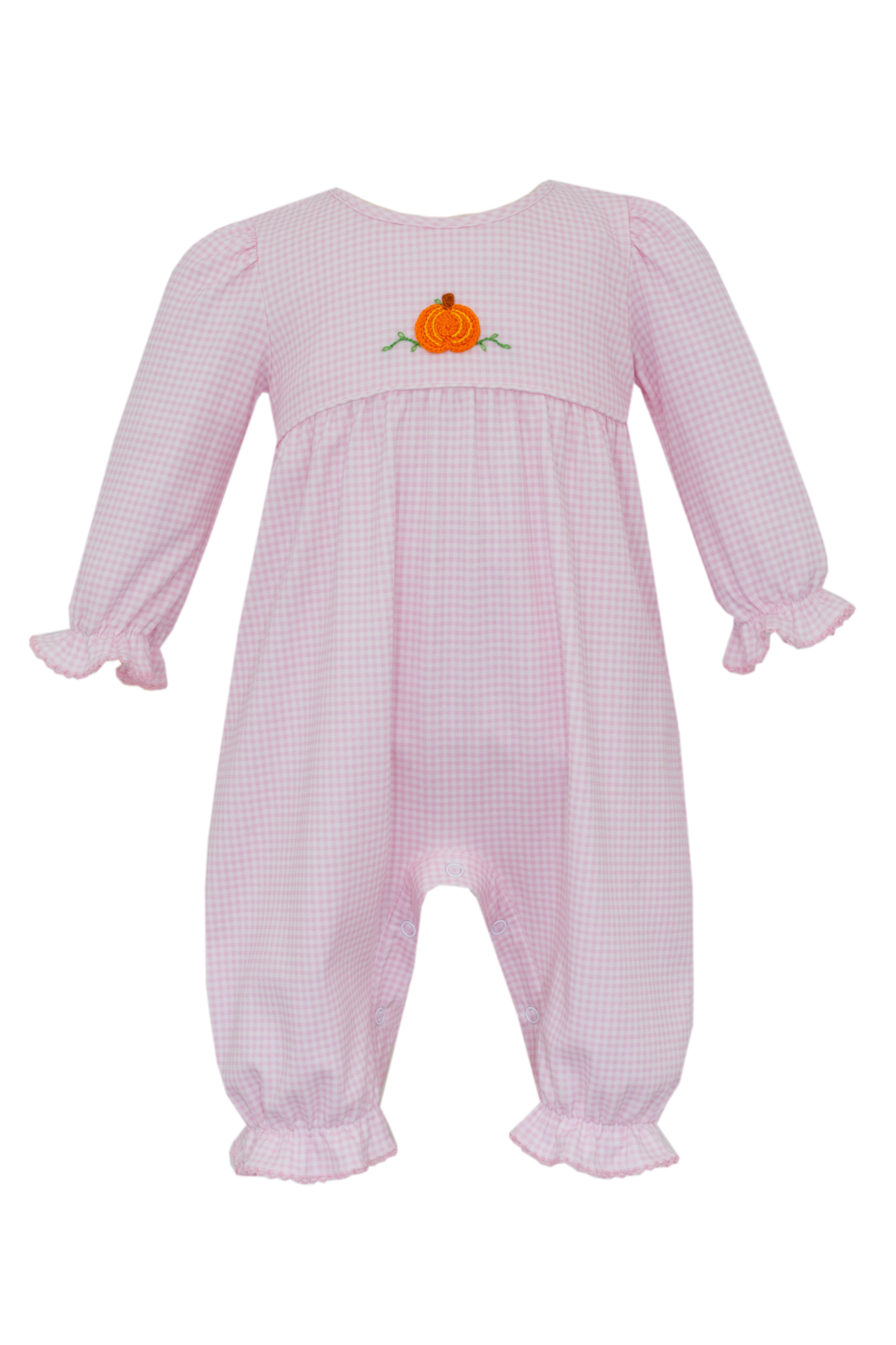 Pink Gingham LS Crochet Pumpkin Romper