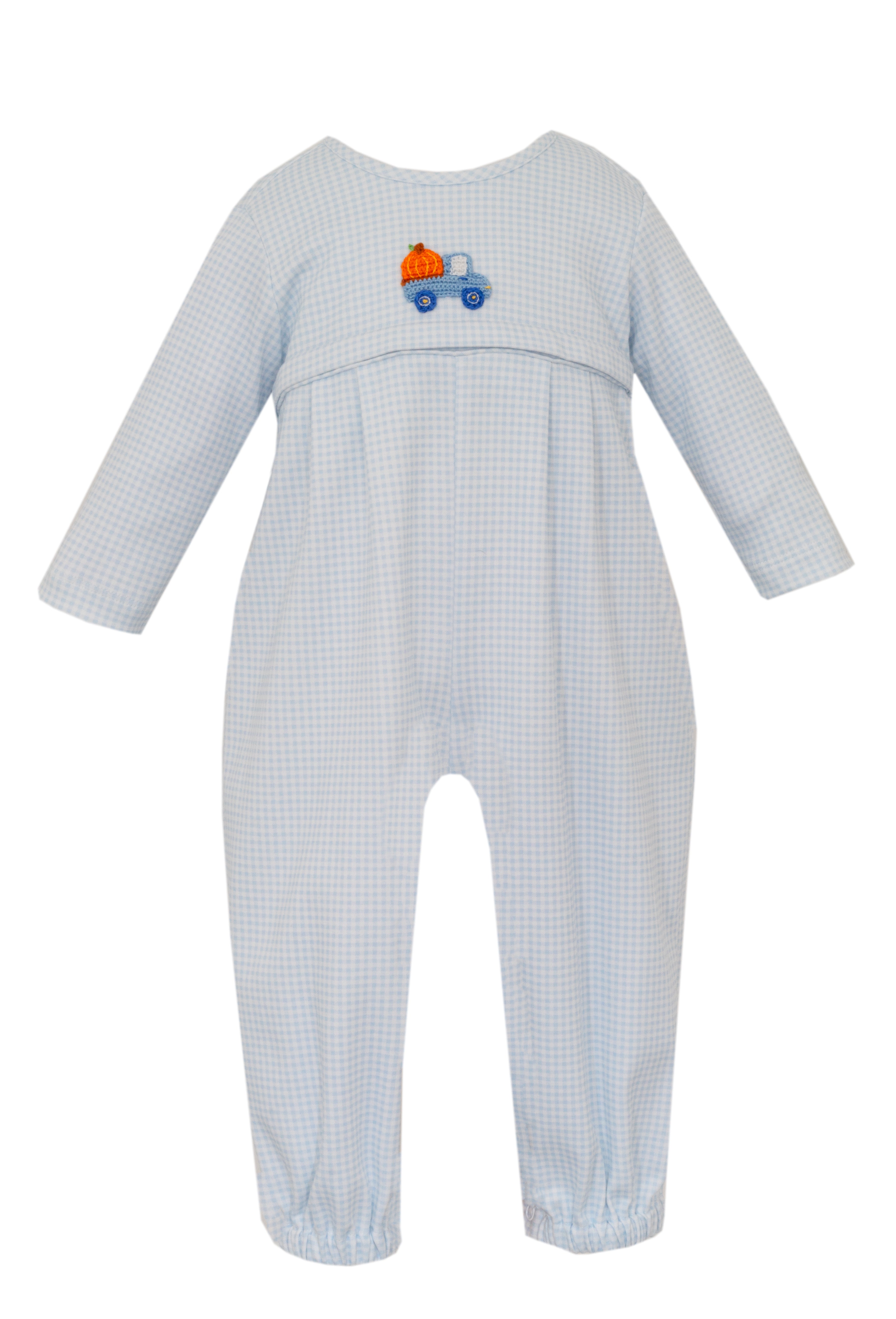 Blue Gingham LS Crochet Pumpkin Truck Romper