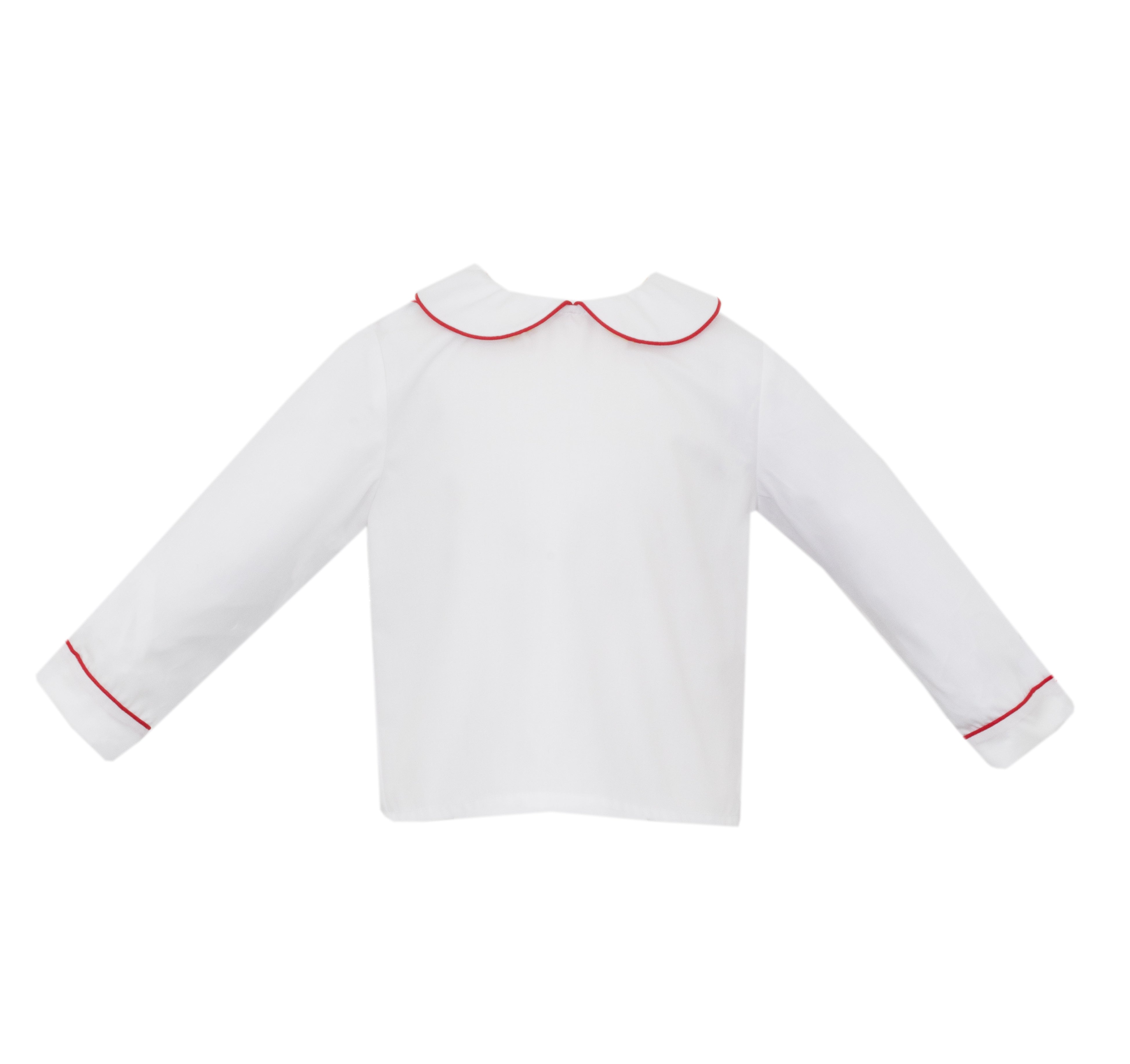 White Woven LS Peter Pan Shirt with Red Piping