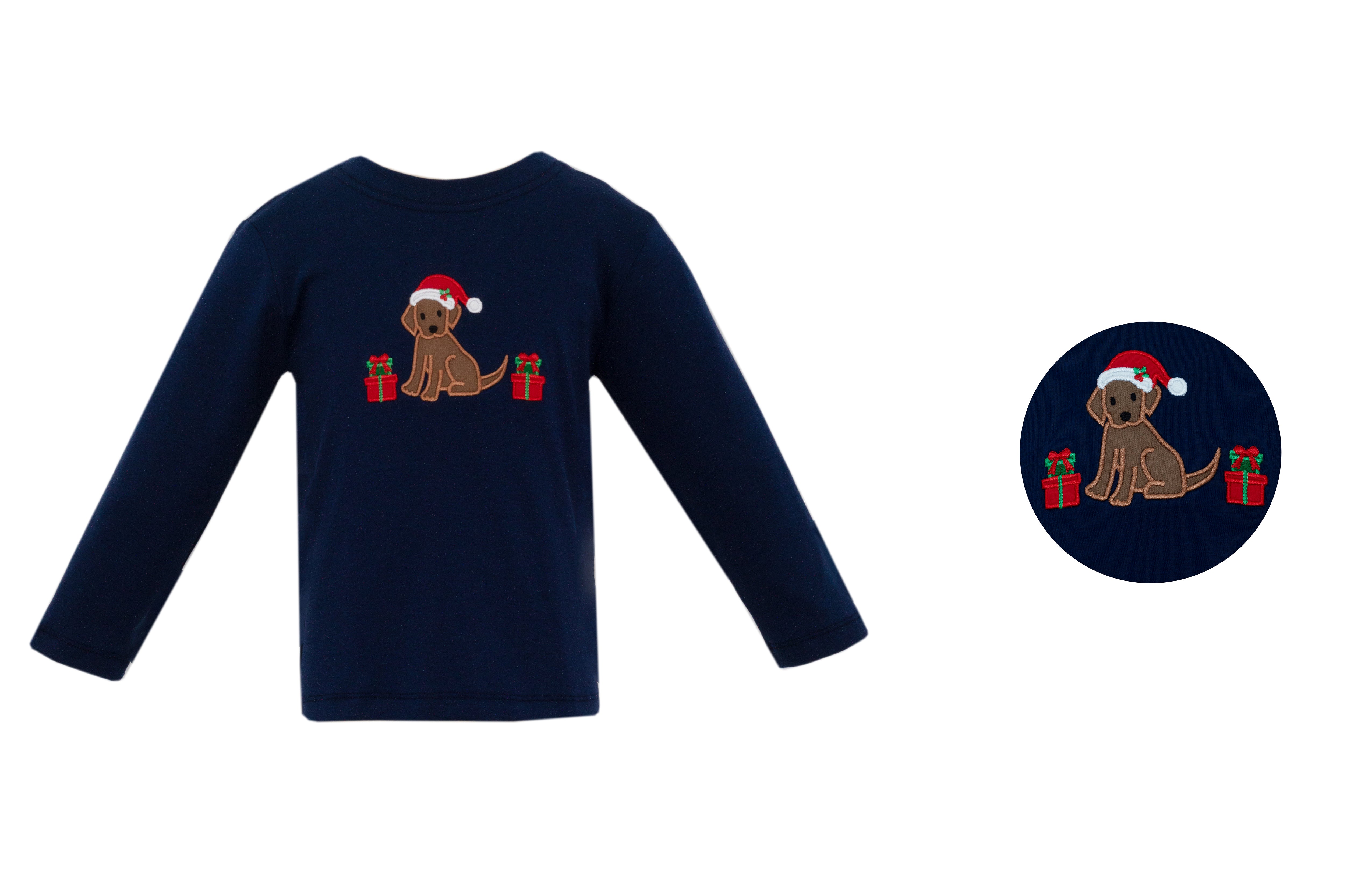 Navy Christmas Puppy LS Tee & Brown Corduroy Pants