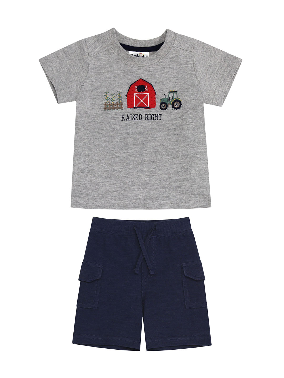 Grey "Raised Right" Farm Tee & Navy Shorts