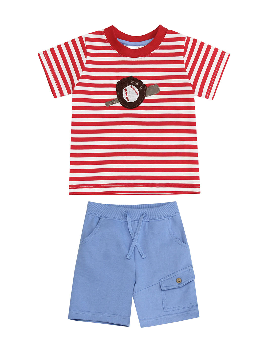 Red Stripe Baseball Tee & Blue Shorts Set