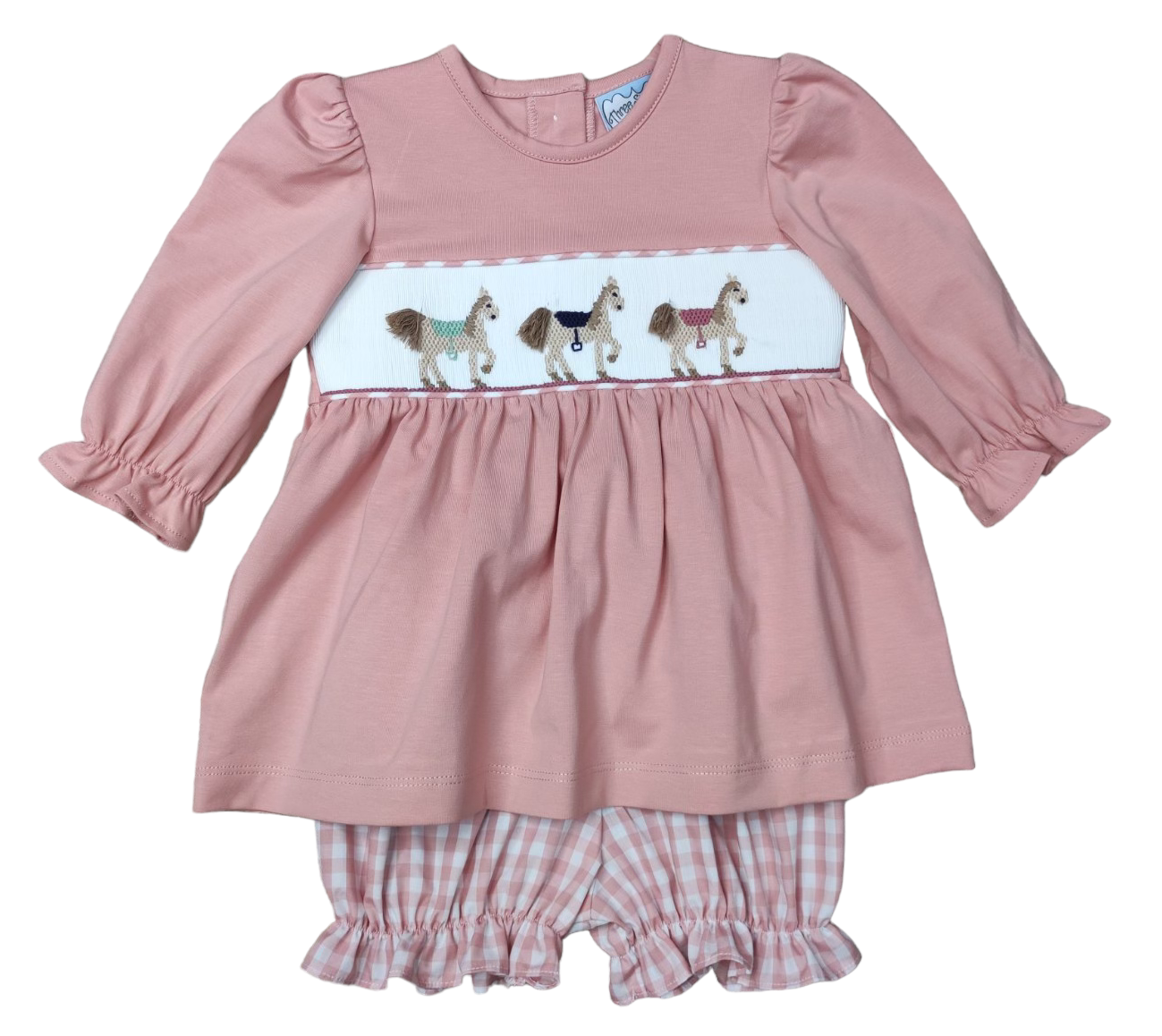 Pink LS Smocked Horse & Check Bloomer