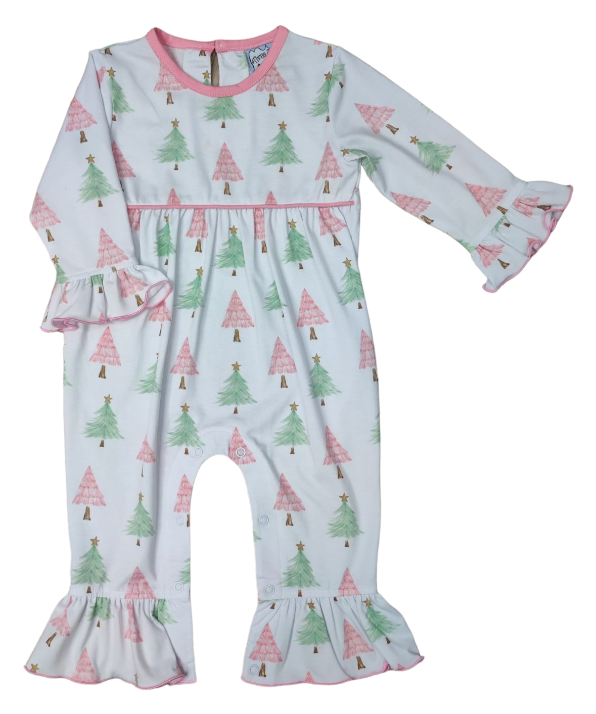 Pink Green Christmas Tree Print Romper