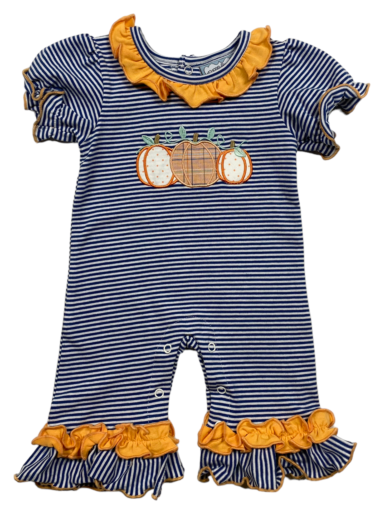 Navy Stripe Pumpkin Applique Girl Romper