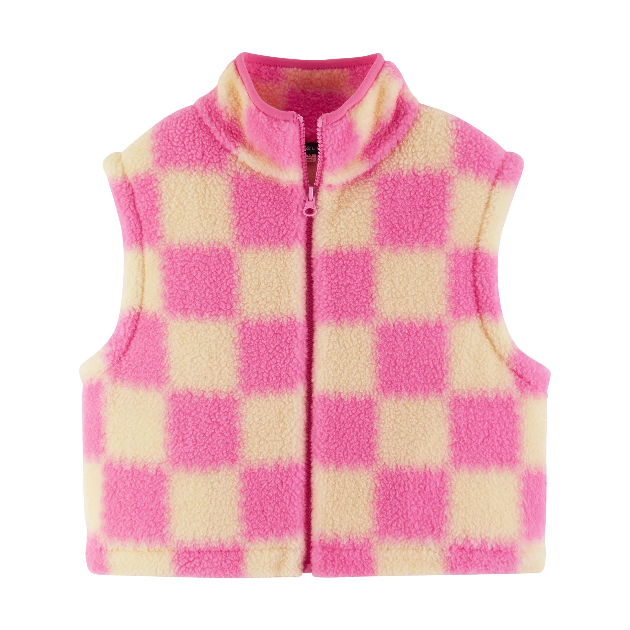 Pink Checkered Faux Fleece Vest