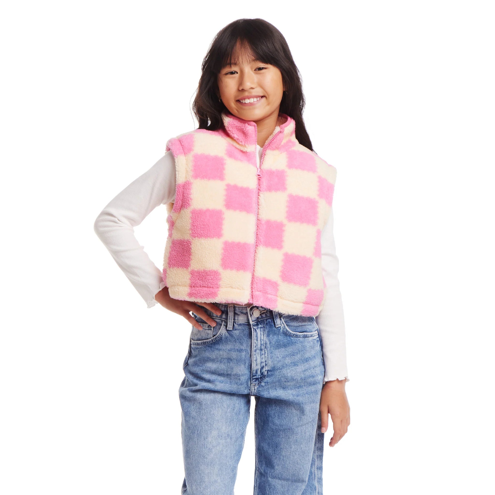 Pink Checkered Faux Fleece Vest