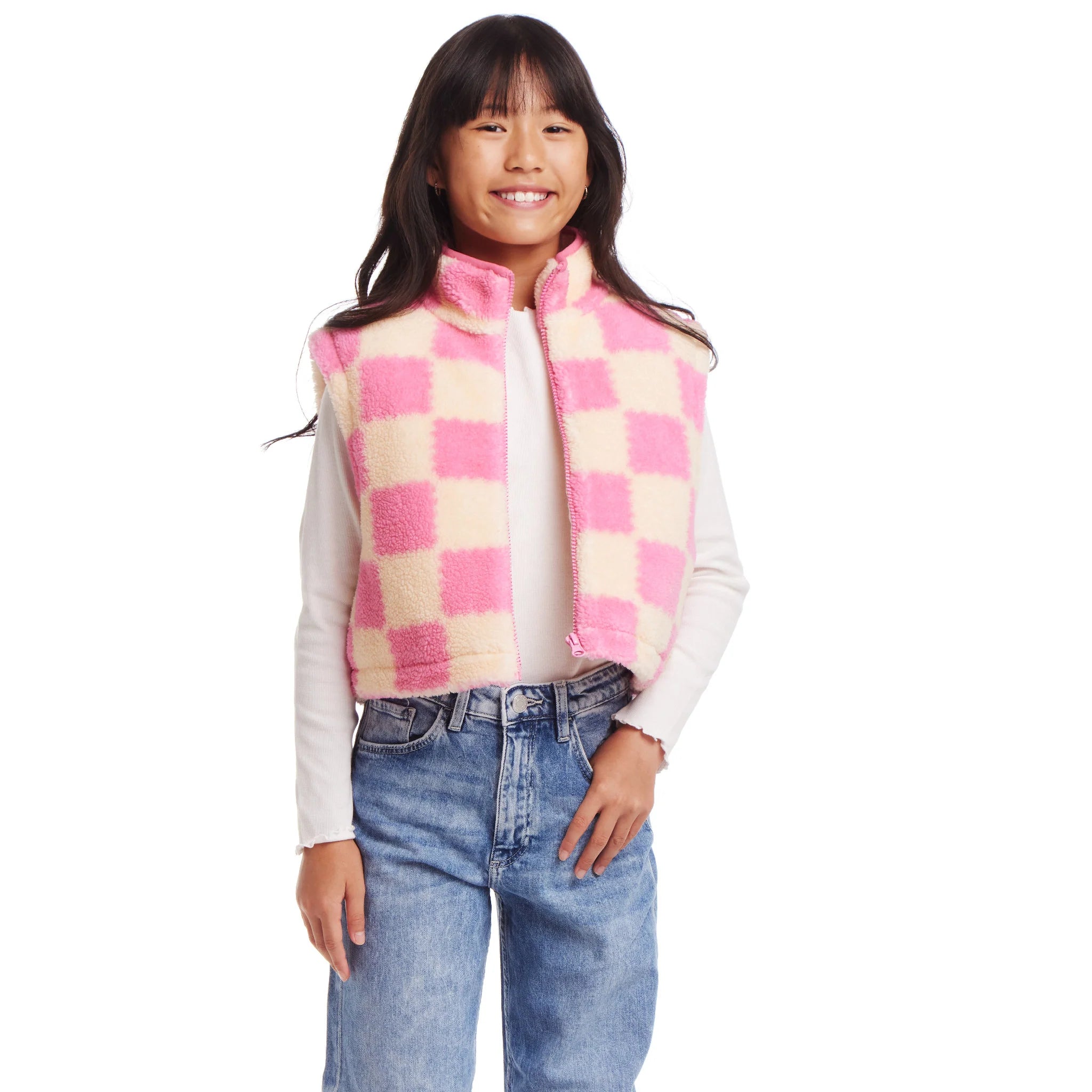 Pink Checkered Faux Fleece Vest