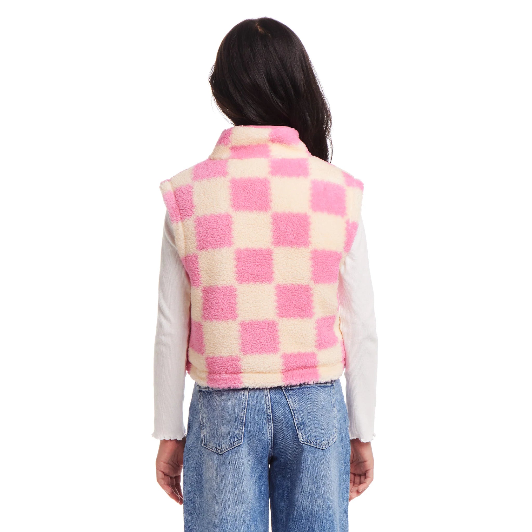 Pink Checkered Faux Fleece Vest