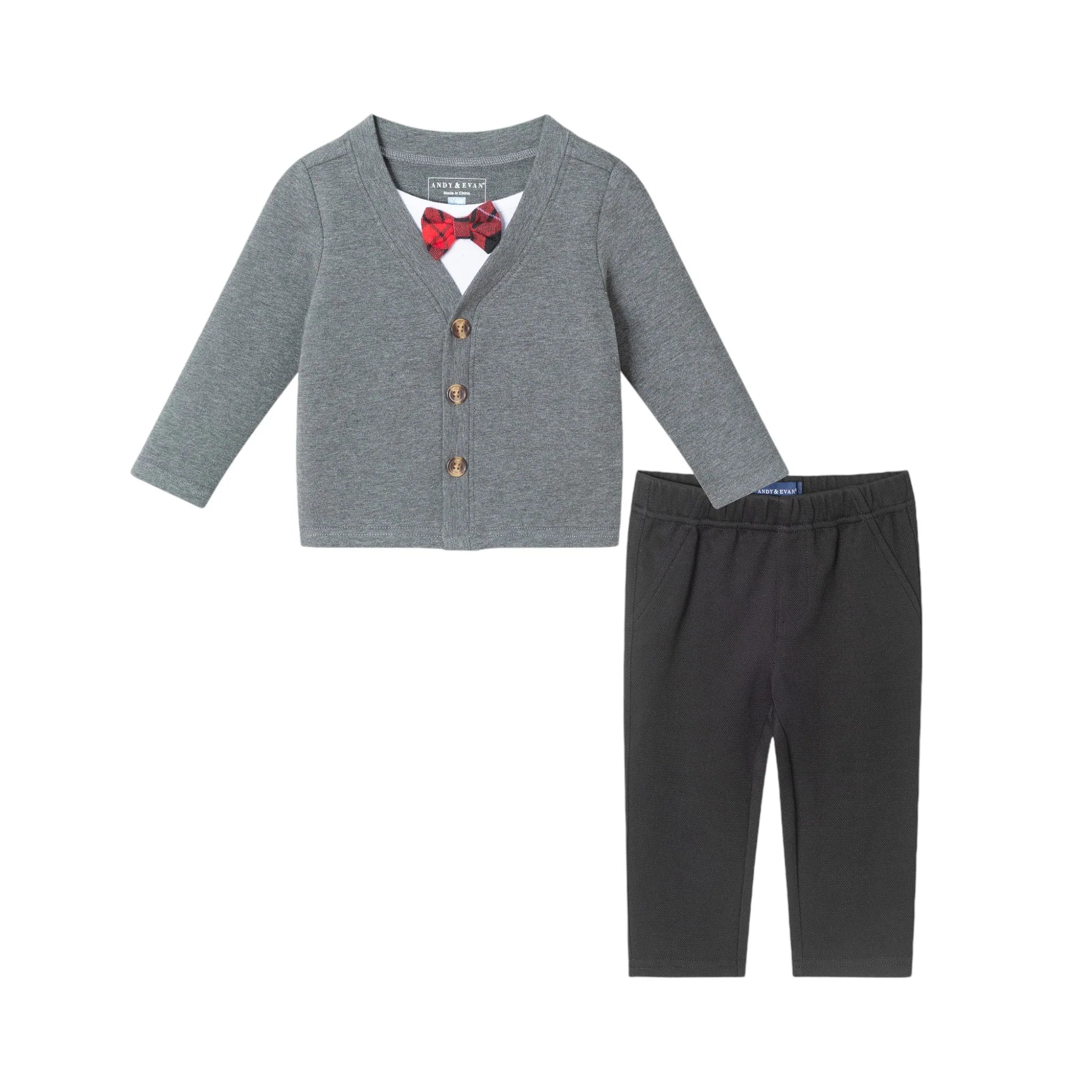 Grey Red Bowtie Cardigan Black Pant Set