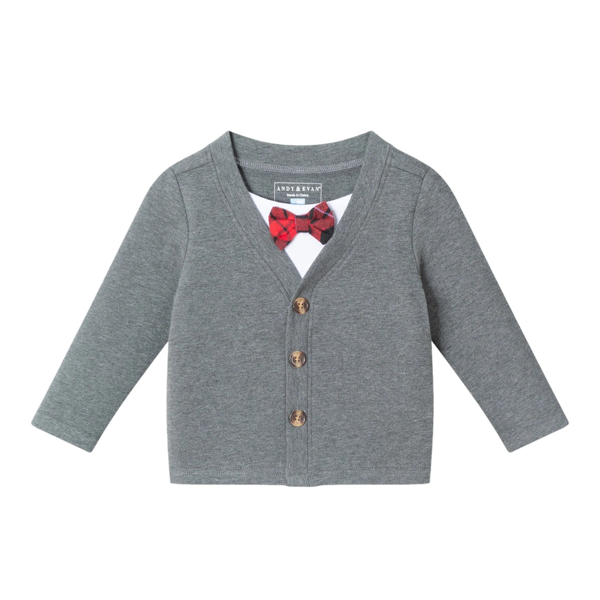 Grey Red Bowtie Cardigan Black Pant Set