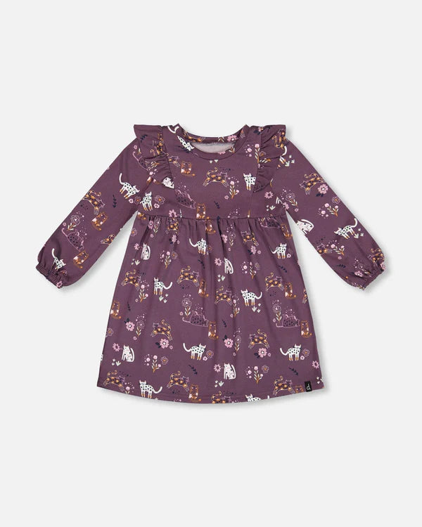 Soft Plum Cats Ruffle Shoulder Dress