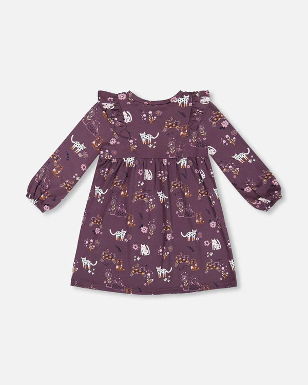 Soft Plum Cats Ruffle Shoulder Dress