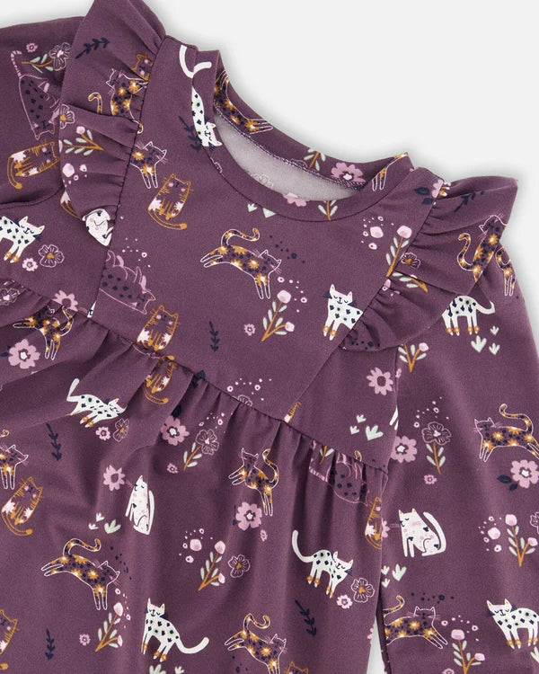 Soft Plum Cats Ruffle Shoulder Dress