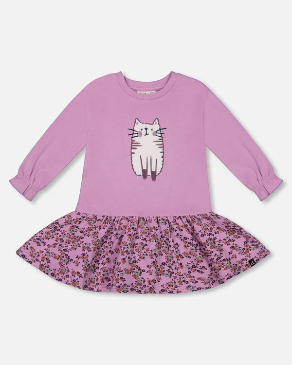 Lilac Little Flowers Cat Long Sleeve Dress