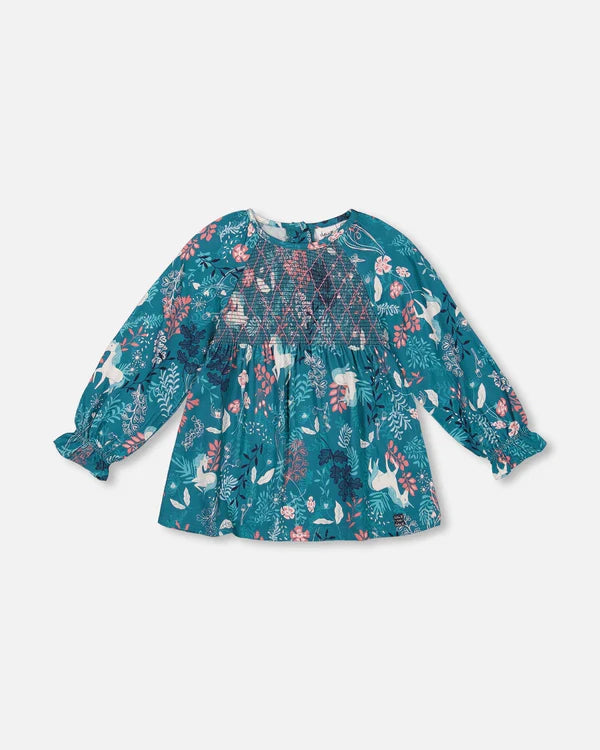 Teal Unicorn in the Fields LS Smocked Blouse