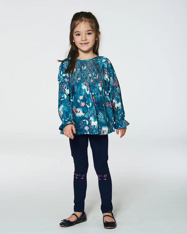 Teal Unicorn in the Fields LS Smocked Blouse