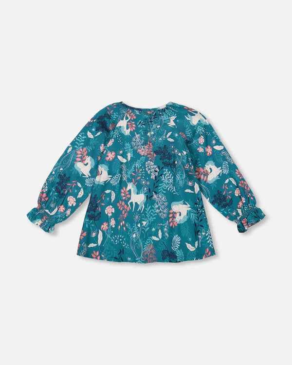 Teal Unicorn in the Fields LS Smocked Blouse