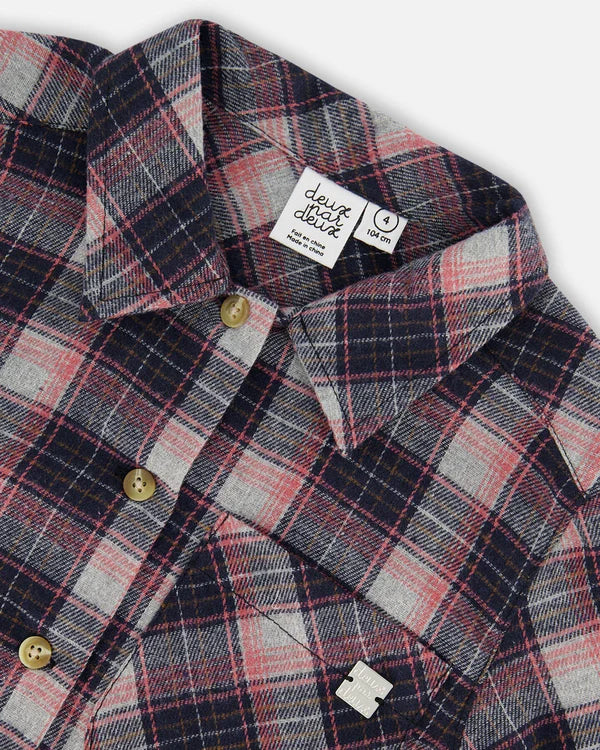 Navy & Pink Plaid Flannel Button Down