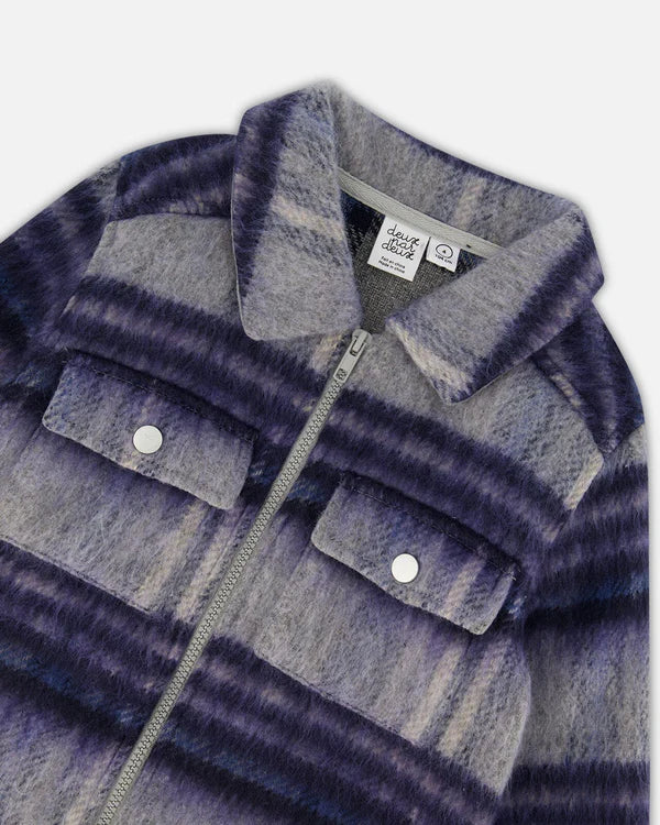 Blue & Grey Plaid Front Pocket Jacket