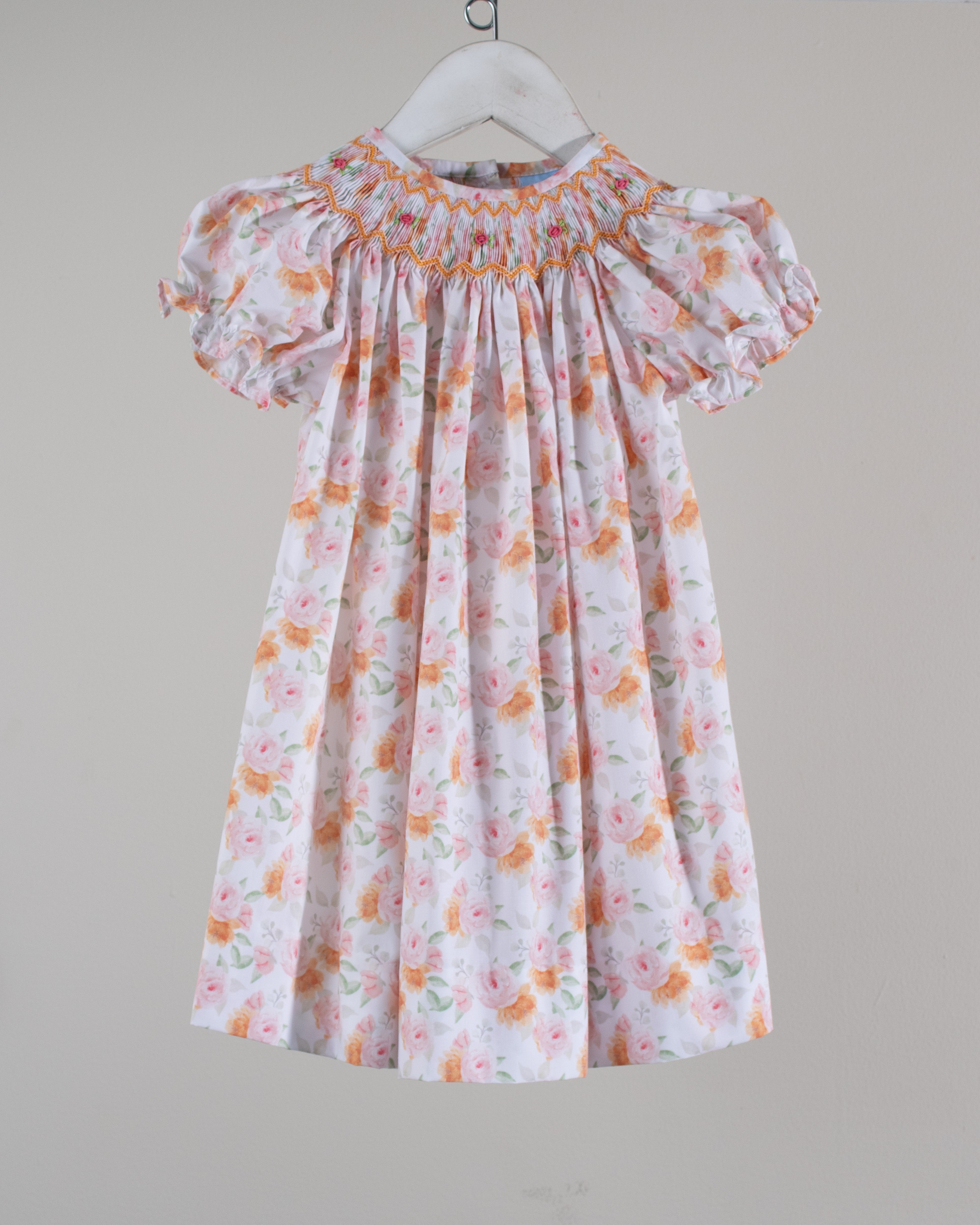 Pink Orange Fall Floral Smocked Bishop Dress