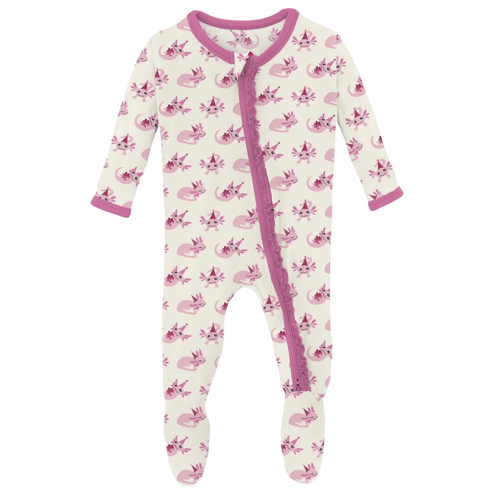 KP Print Ruffle Zip Footie Natural Axolotl Party