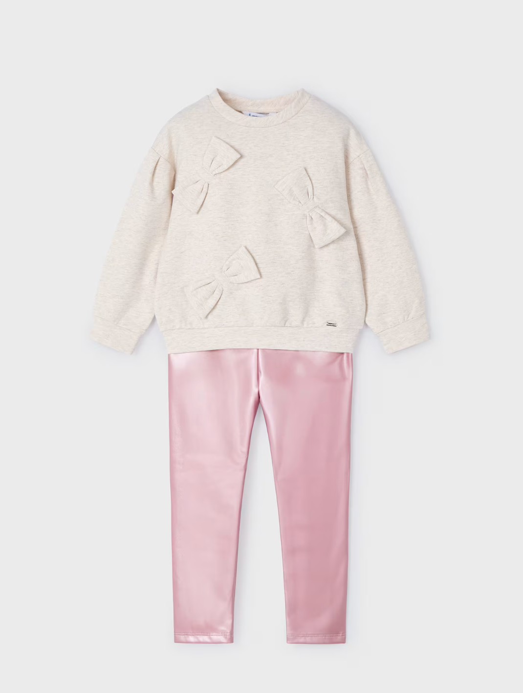 Oatmeal Bow Top & Shiny Pink Pants Set