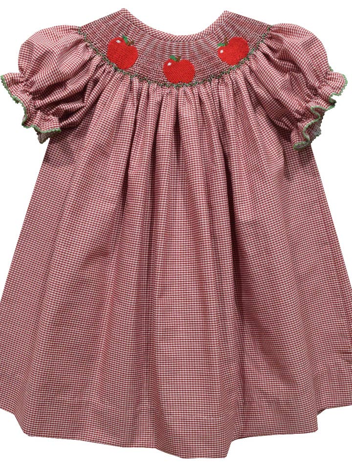 Red Gingham Smocked Apples Bishop Dress