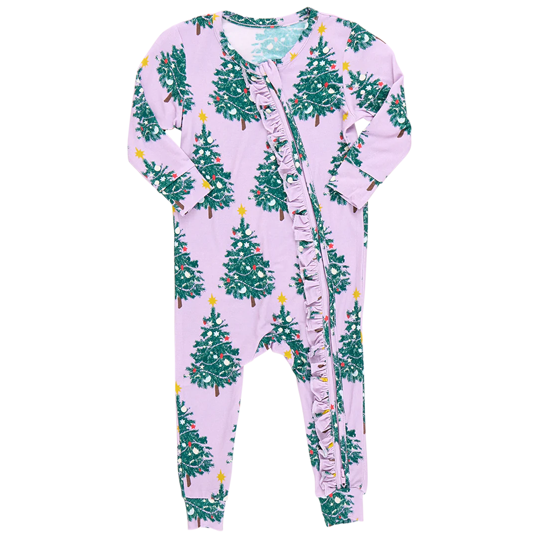 Bamboo Ruffle Romper Purple Flocked Trees