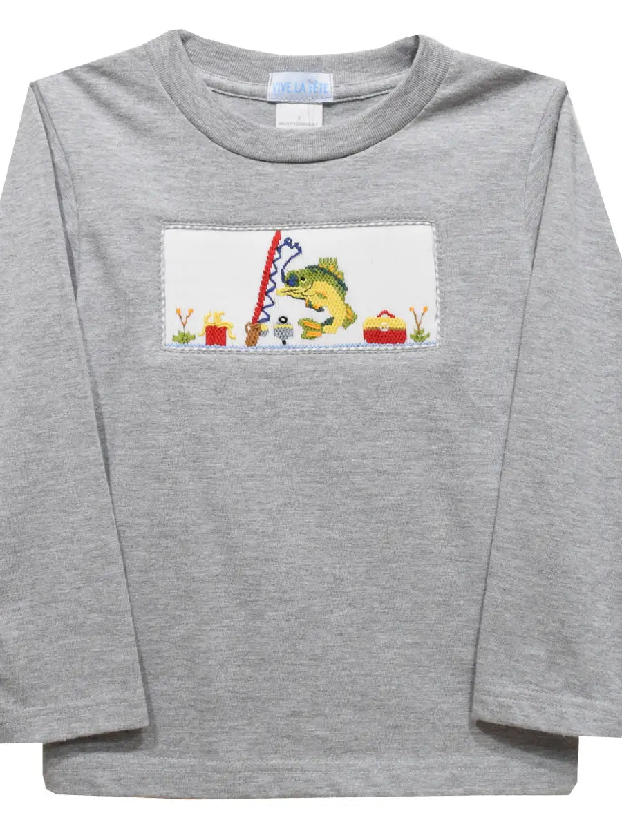 Grey Smocked LS Fishing Tee