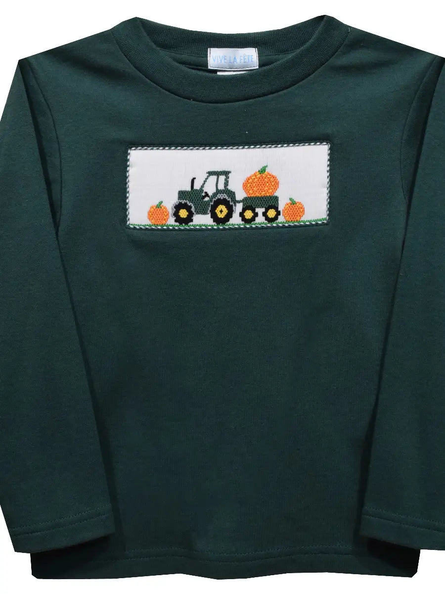 Hunter Green Smocked Pumpkin Tractor Tee