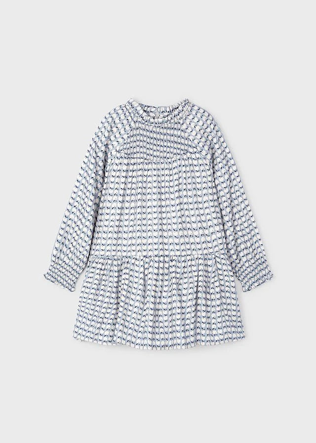 Sky Blue Smocked Apple Print LS Dress