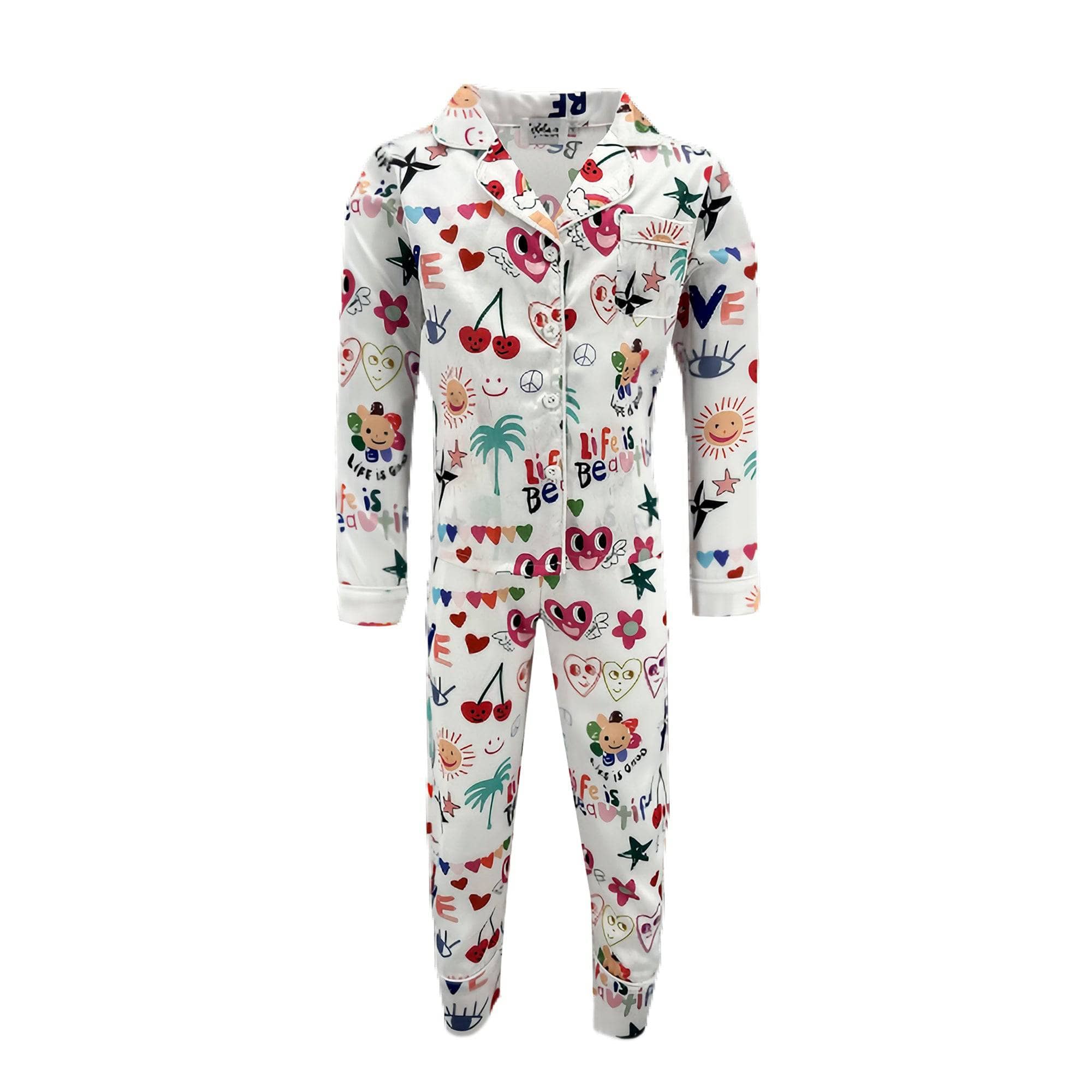 White Good Vibes Print Silky PJ Set