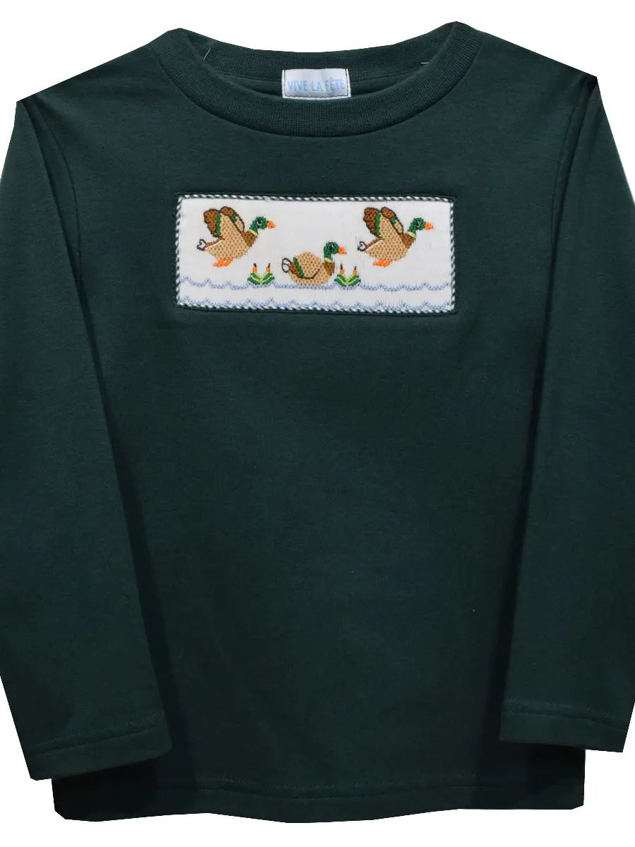 Hunter Green Smocked Mallards LS Tee