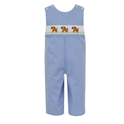 Blue Gingham Smocked Puppies Long Jon Jon