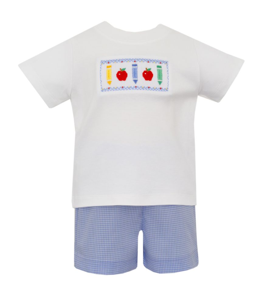 White Smocked Back to School Tee & Blue Shorts