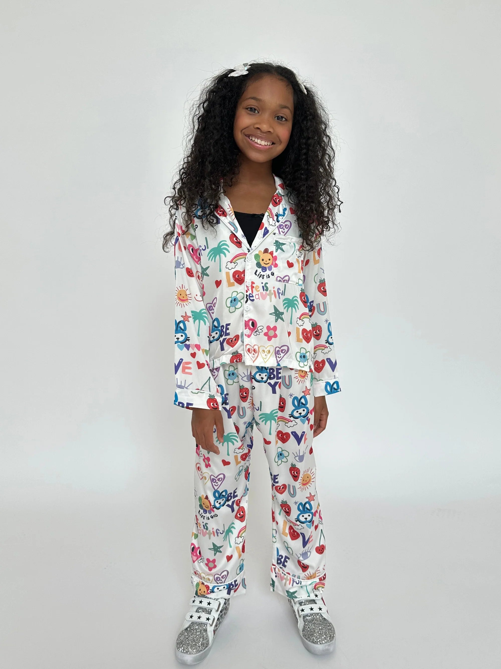 White Good Vibes Print Silky PJ Set