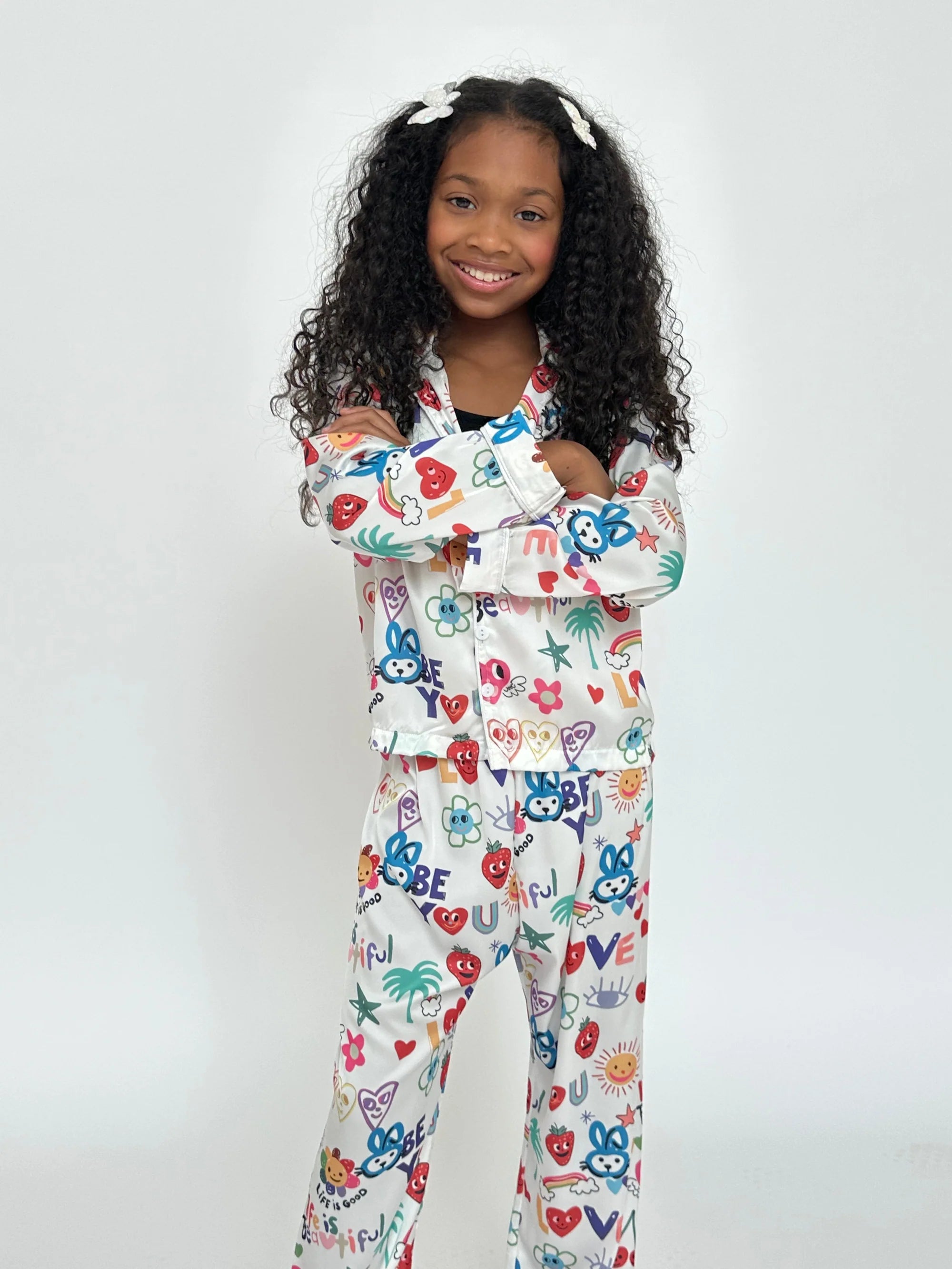 White Good Vibes Print Silky PJ Set