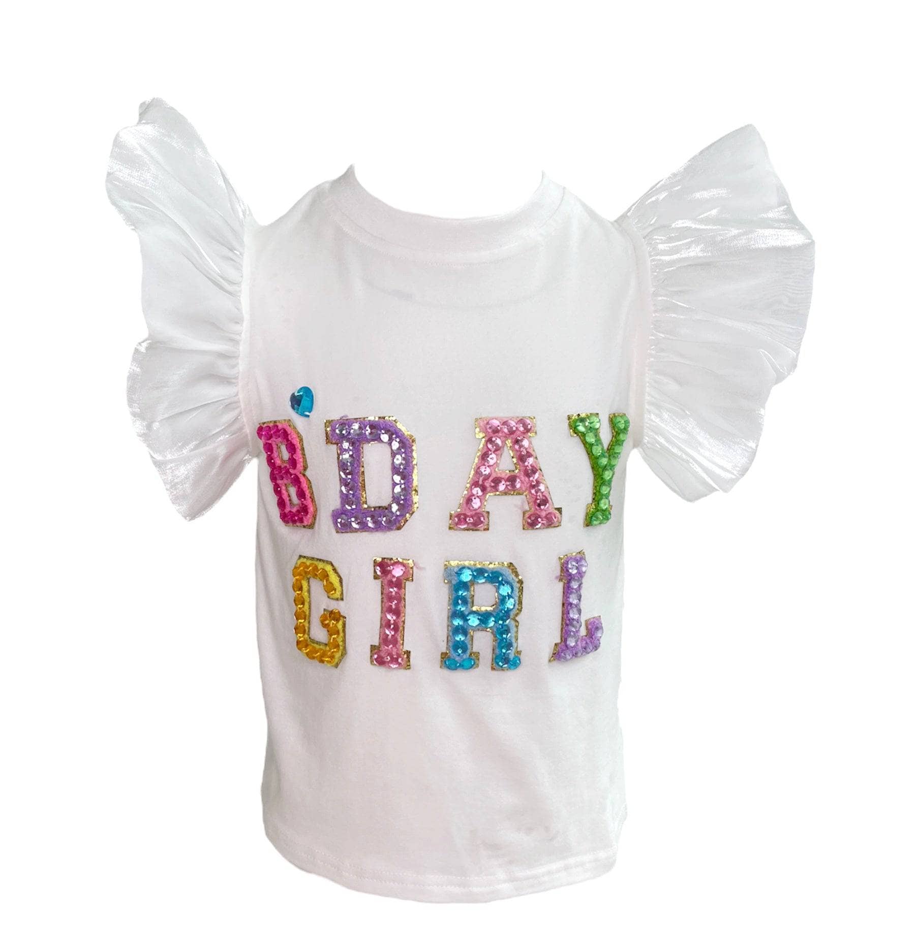 White Birthday Girl Gem Ruffle Sleeve Tee