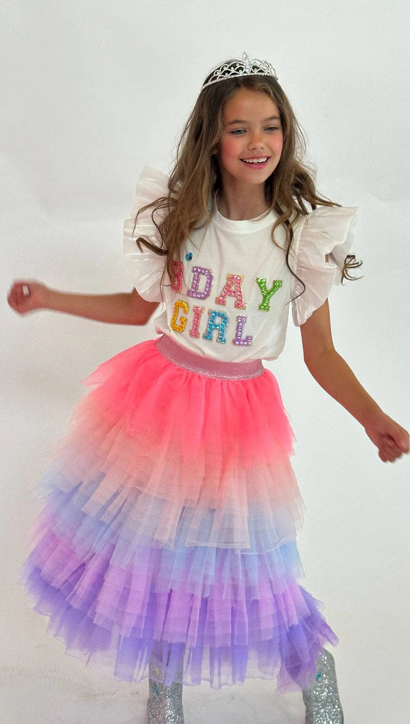 White Birthday Girl Gem Ruffle Sleeve Tee