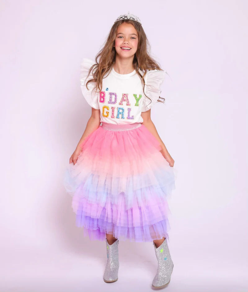 White Birthday Girl Gem Ruffle Sleeve Tee